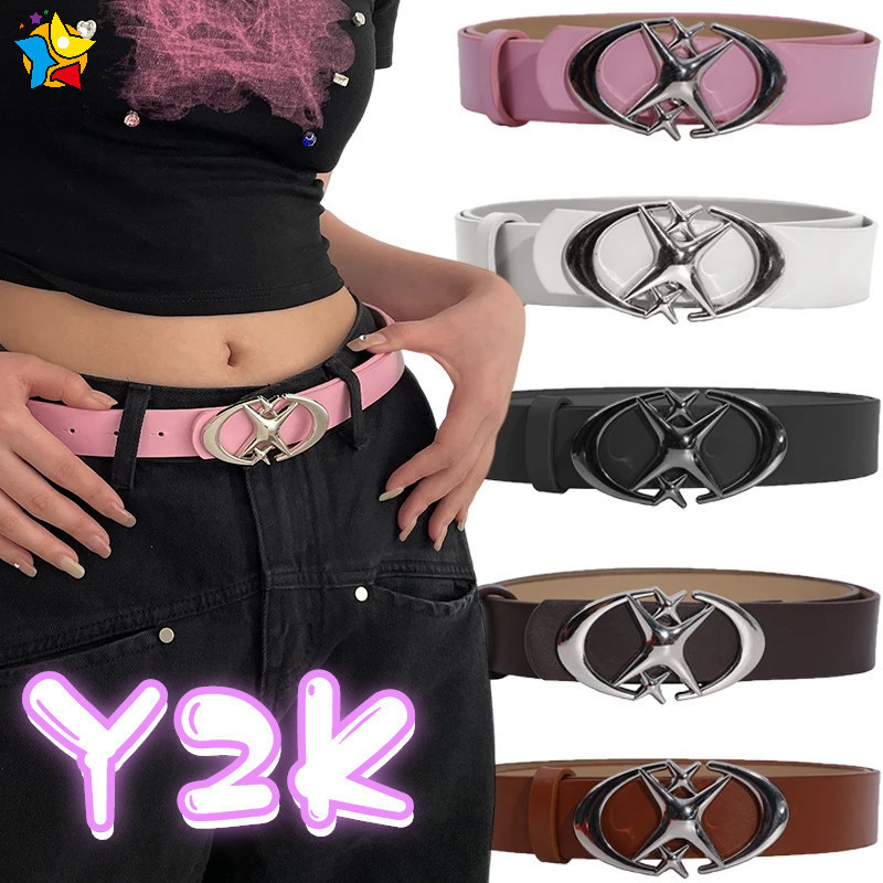 เข็มขัดหนัง PU ลายดาว ดวงจันทร์ แฟชั่นสไตล์พังก์ สําหรับผู้หญิง Y2K