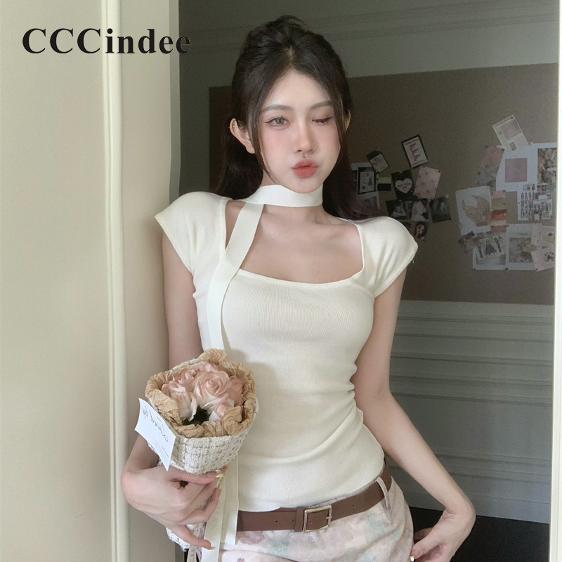 Cccindee เสื้อแขนสั้น คอสี่เหลี่ยม ลําลอง แฟชั่นเรียบง่าย สําหรับผู้หญิง 2024