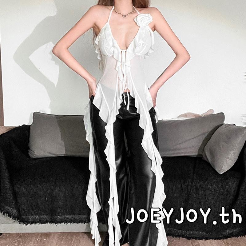 Joeyjoy-เสื้อกล้ามเชือกแขวนคอสําหรับฤดูร้อนของผู้หญิงไม่สม่ําเสมอนัวเนียพู่เสื้อกั๊กแขนกุดเปลือยสําห