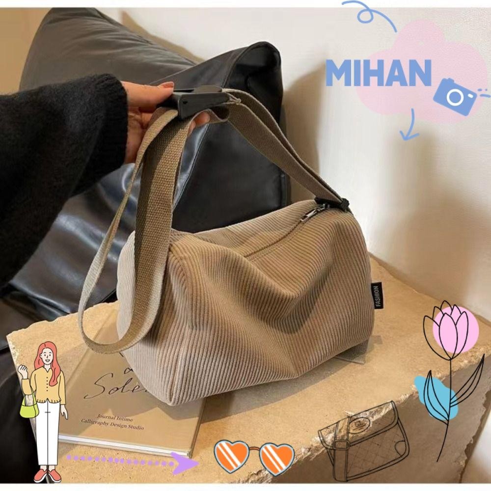 Mh กระเป๋าสะพายไหล่ กระเป๋าถือ ผ้าลูกฟูก สีพื้น ทนทาน สําหรับเด็กผู้หญิง