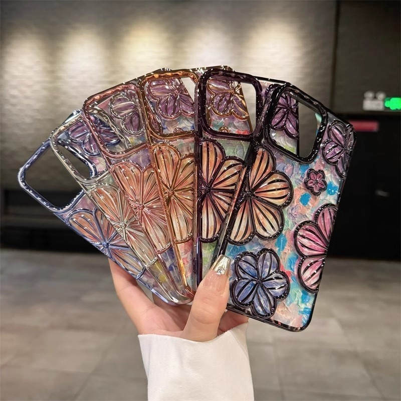เคสโทรศัพท์มือถือ ชุบไฟฟ้า กันกระแทก ลายดอกไม้ ภาพวาดสีน้ํามัน ขนาดใหญ่ สําหรับ iphone 15 14 13 12 11 pro max ip11