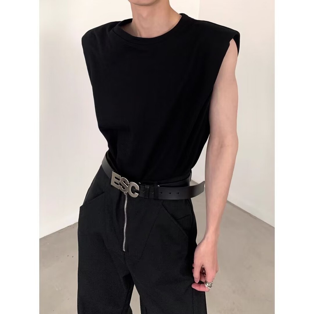 เสื้อยืดแขนกุด เปิดไหล่ ทรงหลวม ระดับไฮเอนด์ สีพื้น สไตล์อเมริกัน แฟชั่นฤดูร้อน สําหรับผู้ชาย