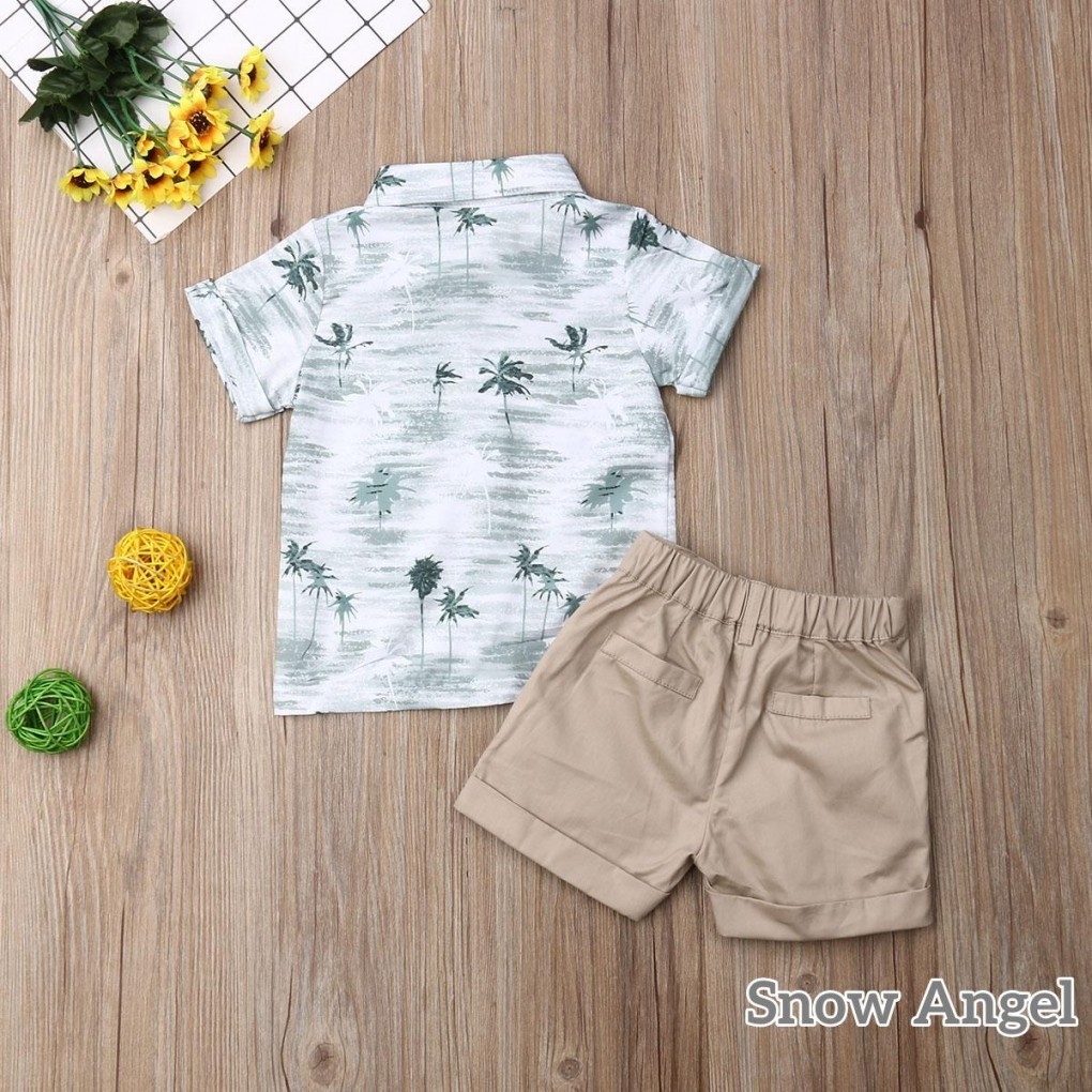 Baby Boy tidding Outfit Summer Set เสื้อยืดแขนสั้นพิมพ์ลายต้นมะพร้าว + กางเกงขาสั้นกระดุมกระเป๋าสีกากี - รูปที่ 2