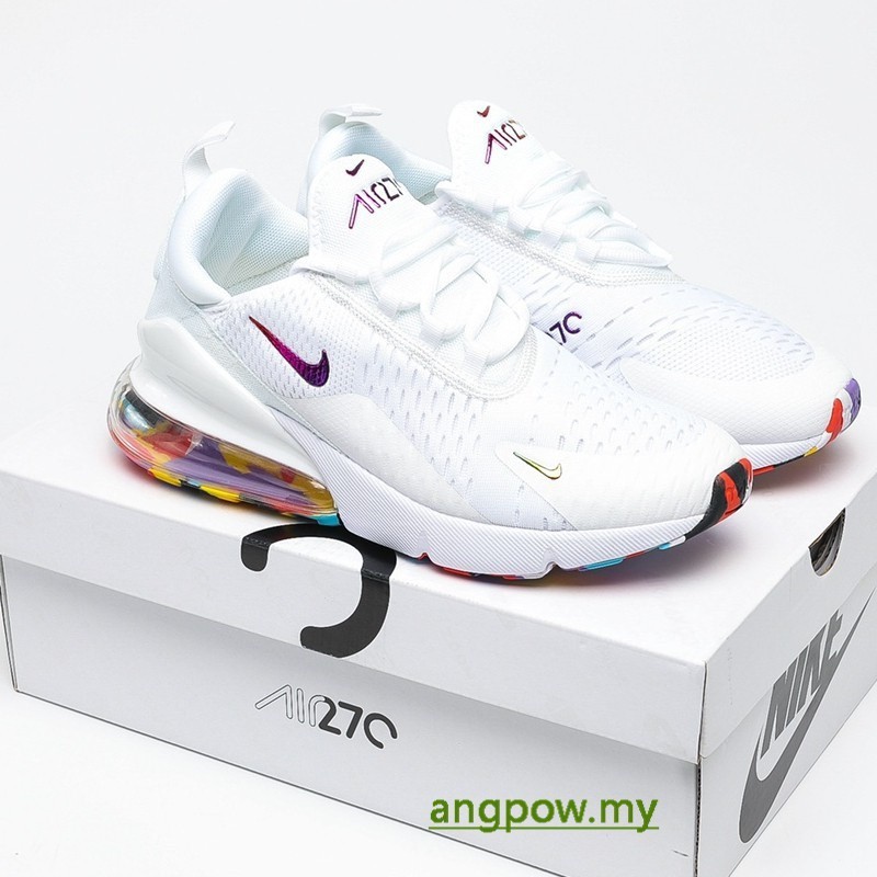 Nike air max 270 รองเท้ากีฬา รองเท้าวิ่งลําลอง สีขาว สีม่วง สีทอง สําหรับผู้ชาย และผู้หญิง EKPD