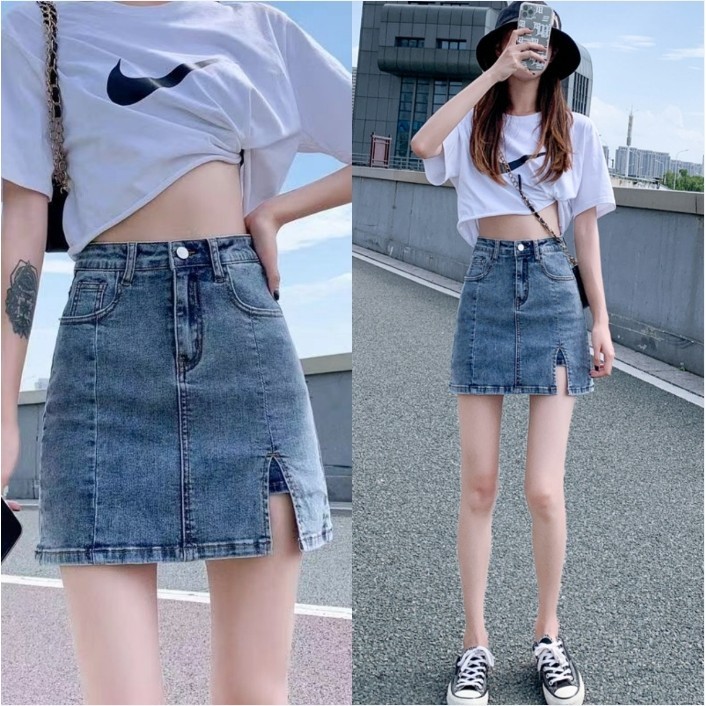 KaeKai กระโปรงยีนส์สาวอ้วน S-5XL  พร้อมกางเกงซับกันโป๊ ผ่าข้าง