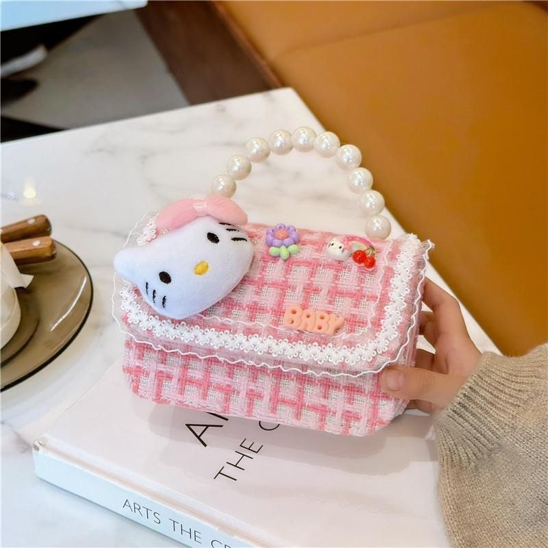 กระเป๋าสะพายไหล่ลายการ์ตูนแมวสำหรับเด็กใหม่ กระเป๋าถือไข่มุก