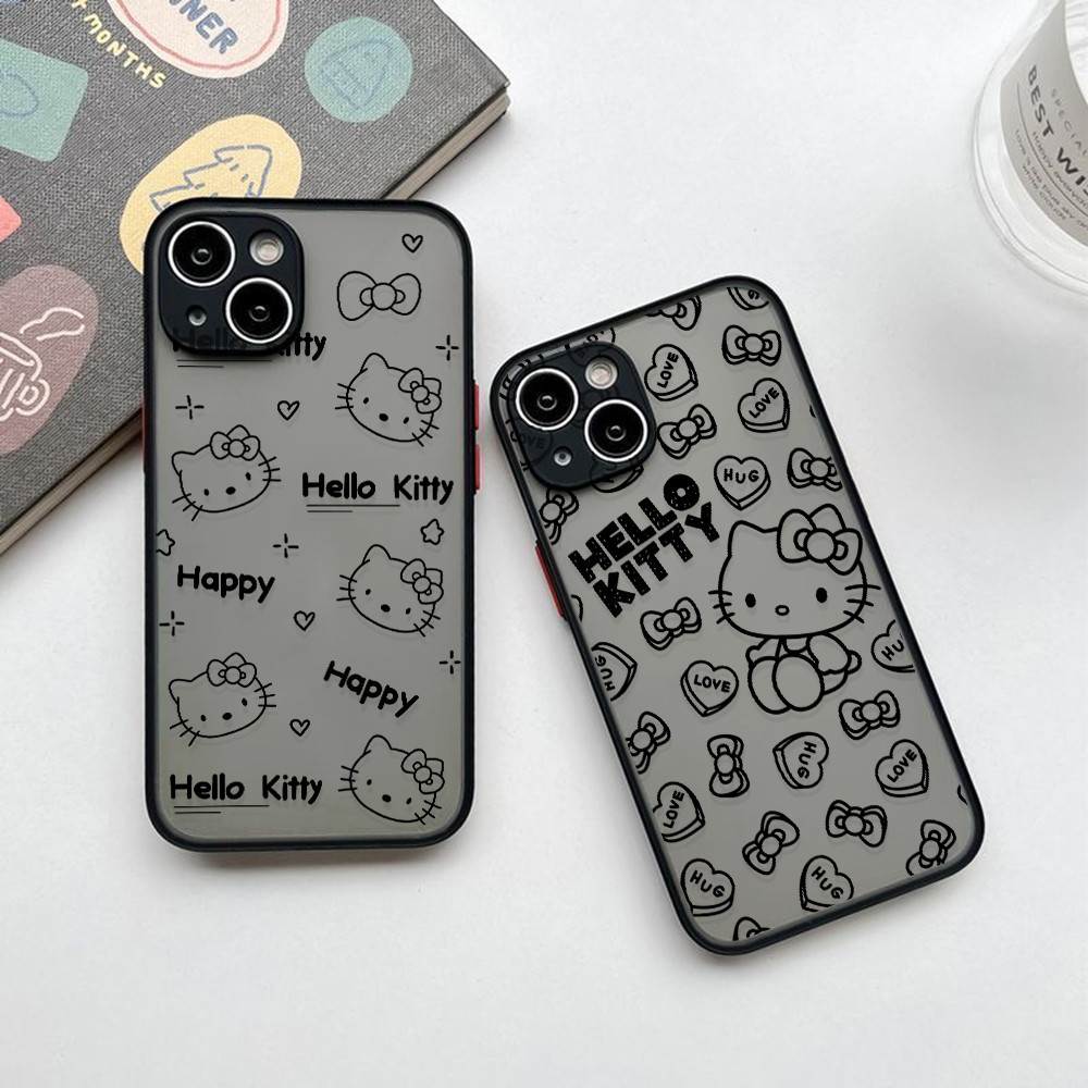 เคสโทรศัพท์มือถือแบบแข็ง โปร่งแสง ผิวด้าน ลายเฮลโลคิตตี สีดําด้าน สําหรับ Samsung Galaxy S10 S20 S21 S22 S23 S24 S30 Lite FE Note 10 20 Ultra Pro Plus 4G 5G