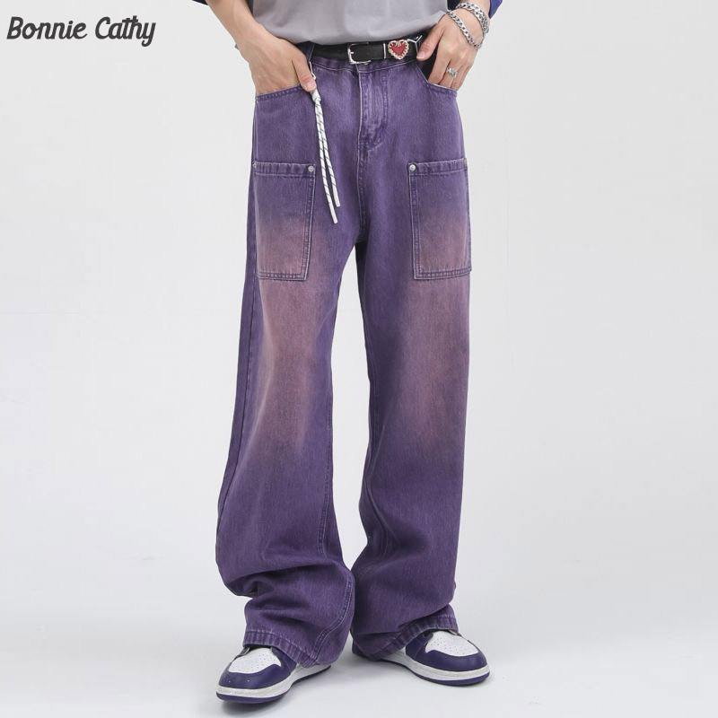 Bonnie Cathy  Trend แฟชั่นหลวมตรงกางเกงผู้ชายสีม่วงกางเกงยีนส์ถนนสูงผู้ชายและผู้หญิงเหมือนกัน