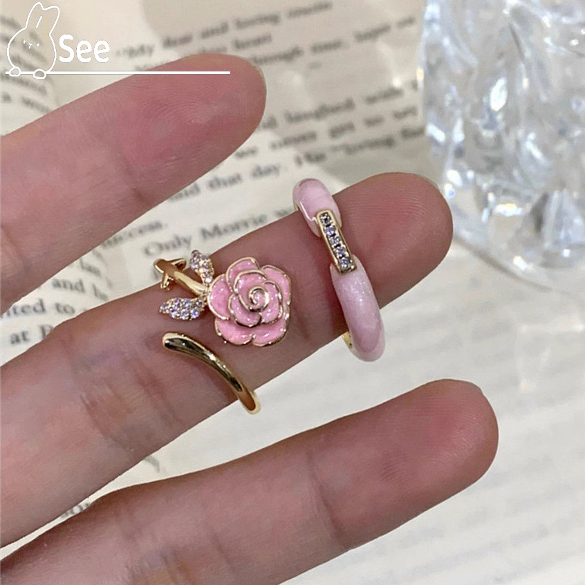 Ins สีชมพู Camellia แหวนหญิงเปิดปรับ Niche Design High-End ประณีต Index Finger เคลือบ