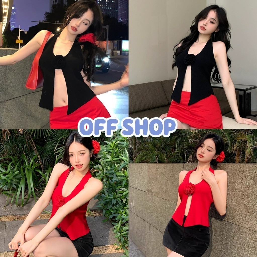 OFF SHOP 🥻เสื้อคล้องคอไหมพรม คอวี ดีเทลติดดอกไม้ เซ็กซี่เวอร์ เสื้อแฟชั่นผู้หญิง -B10