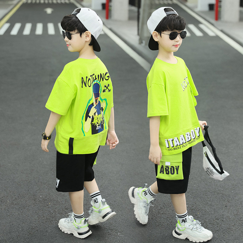 พร้อมส่ง เสื้อยืดแขนสั้น กางเกงขาสั้น ห้าส่วน ทรงหลวม ขนาดใหญ่ 110-160 ซม. แฟชั่นฤดูร้อน สําหรับเด็กผู้ชาย