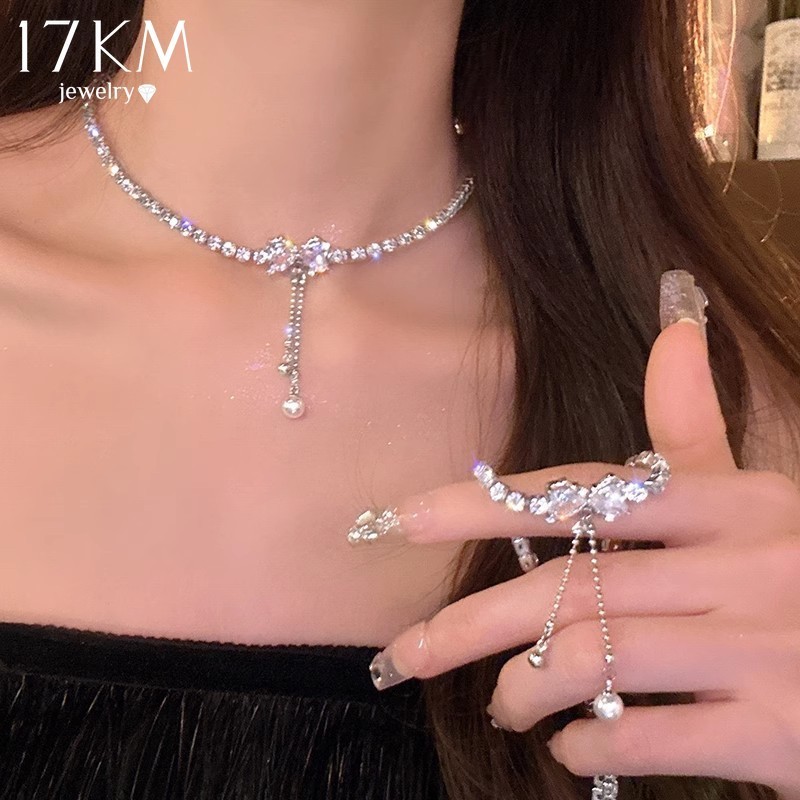 สร้อยคอโช้กเกอร์ ประดับมุก เพทาย โบว์ สีเงิน ยาว 17 กม. สําหรับผู้หญิง