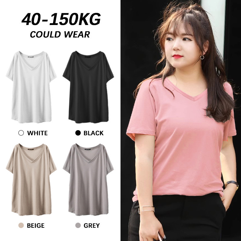 【เสื้อโอเวอร์ไซซ์】(50-150 กก.) (5 สี) เสื้อยืดแขนสั้น คอวี ทรงหลวม โอเวอร์ไซซ์ แฟชั่นฤดูร้อน สําหรับผู้หญิง