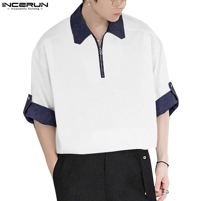 Incerun ผู้ชายเกาหลีลําลองเปิดลงคอปกแขนสั้น Patchwork สี Blocking POLO เสื้อ