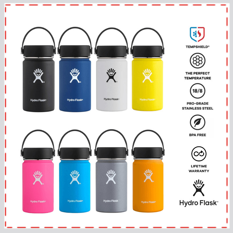 Hydro Flask 12oz ขวดปากกว้างสแตนเลสพร้อมฝาปิด Flex เด็กถ้วยฉนวนกันความร้อนสูญญากาศผนังคู่