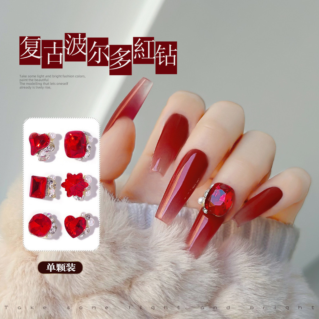 เครื่องประดับ คริสตัล ไข่มุก มุมขวา ยาว สีแดง สไตล์เรโทร สําหรับตกแต่งเล็บ