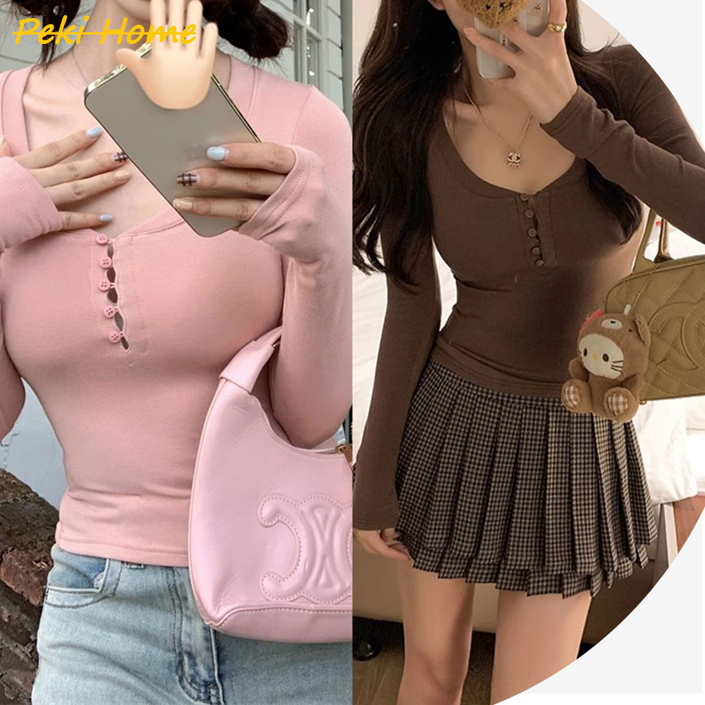 เสื้อยืดแขนยาว แต่งกระดุมหน้า สไตส์เกาหลี น่ารักๆ