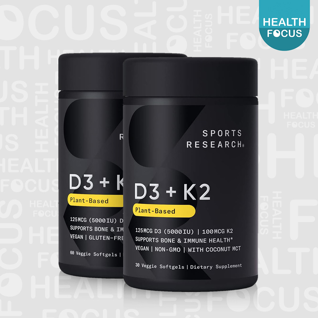 [พร้อมส่ง] Sports Research Vitamin D3 + K2 Plant-Based D3 125mcg[5000IU] + K2[MK-7] 100 mcg Vegan วีแกน [HealthFocus]