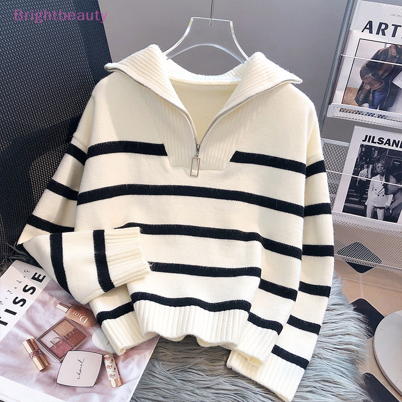 【Brightbeauty】เสื้อกันหนาวแขนยาว ผ้าถัก ทรงหลวมลายทาง มีซิป แฟชั่นฤดูใบไม้ร่วง ฤดูหนาวสําหรับผู้หญิง