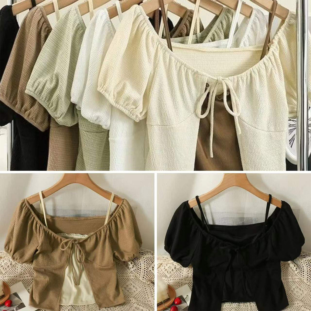 เสื้อครอปเเขนสั้นสไตล์เกาหลี สีทูโทน เเต่งเสื้อสายเดี่ยวข้างใน