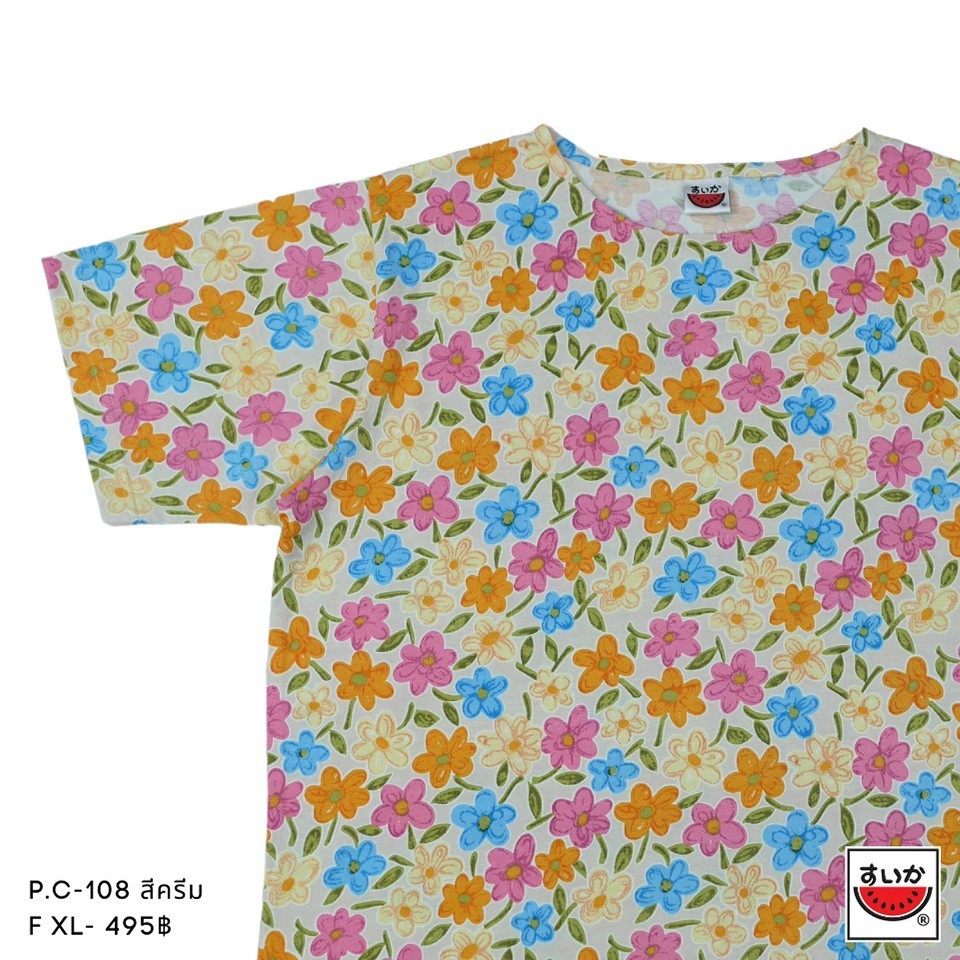 เสื้อแตงโม (SUIKA) - เสื้อยืด คอปาด โปเชียลพิมพ์ลายดอกไม้ (P.C-108) — صورة 5