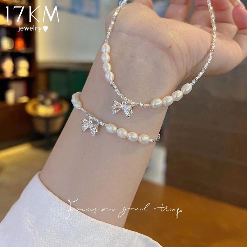 สร้อยข้อมือ ประดับลูกปัดไข่มุก โบว์ สีเงิน ยาว 17 กม. เครื่องประดับ แฟชั่นสําหรับผู้หญิง