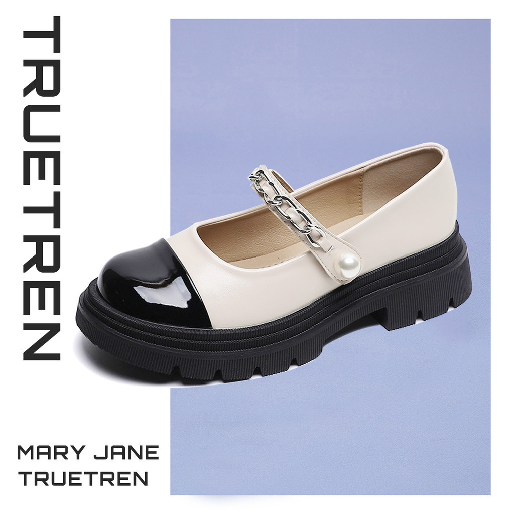 Truetren Mary Jane รองเท้าหนัง พื้นนิ่ม เสริมส้น 4.5 ซม. ประดับมุก น่ารัก สําหรับผู้หญิง นักเรียน