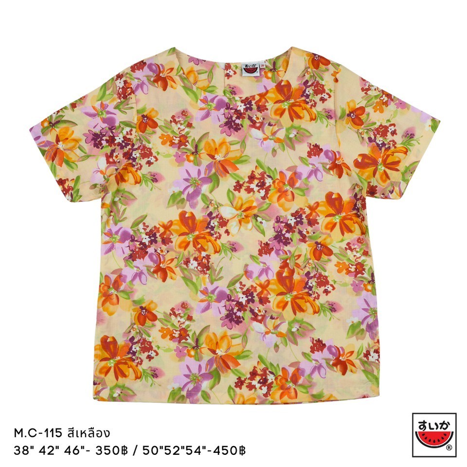 เสื้อแตงโม (SUIKA) - เสื้อผ้าป่านมัสลิน คอปาดกระดุมหลัง 3 เม็ด แขนสั้น (M.C-115)