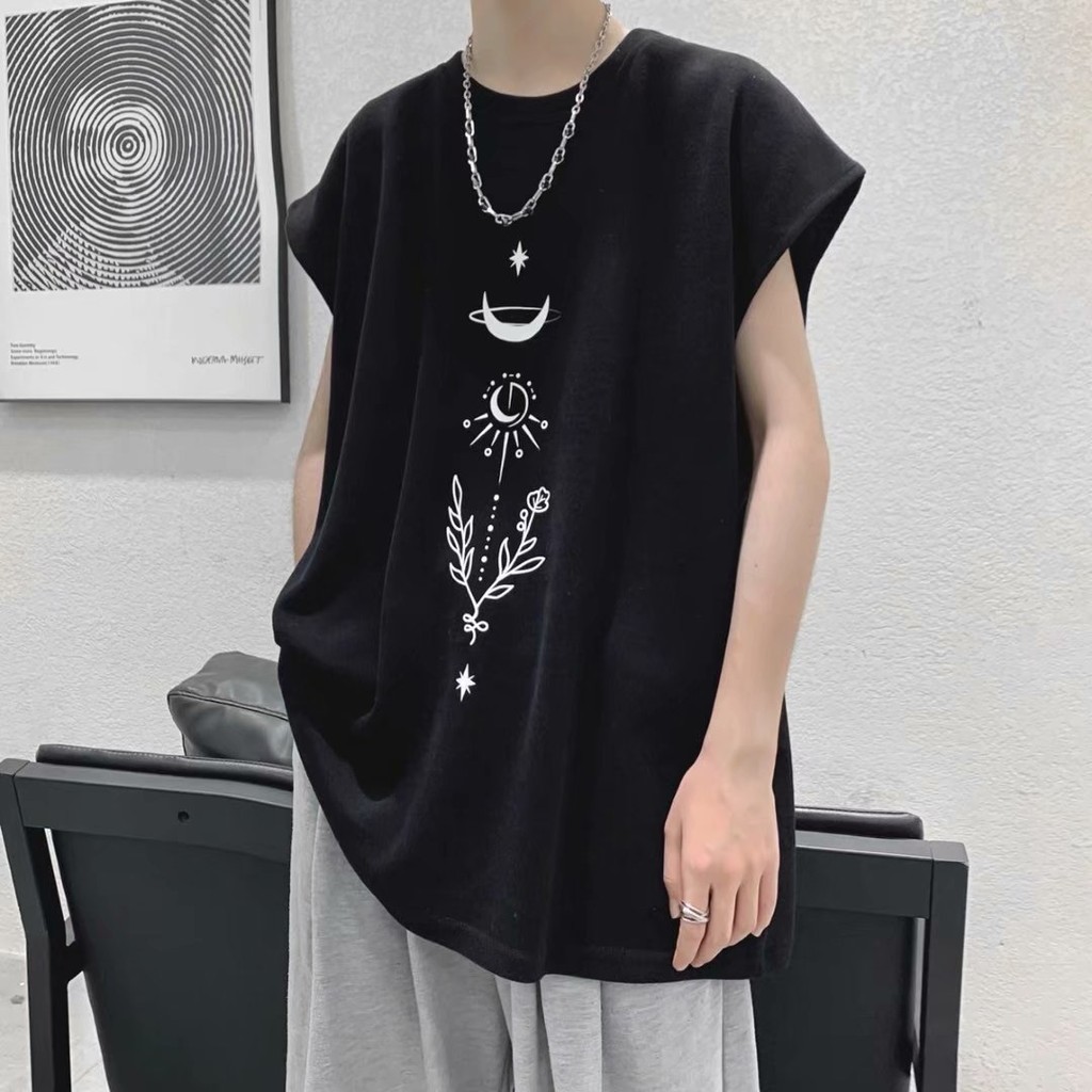 เสื้อยืดแขนกุด เปิดไหล่ ขนาดใหญ่ สีดํา แฟชั่นฤดูร้อน สําหรับผู้ชาย