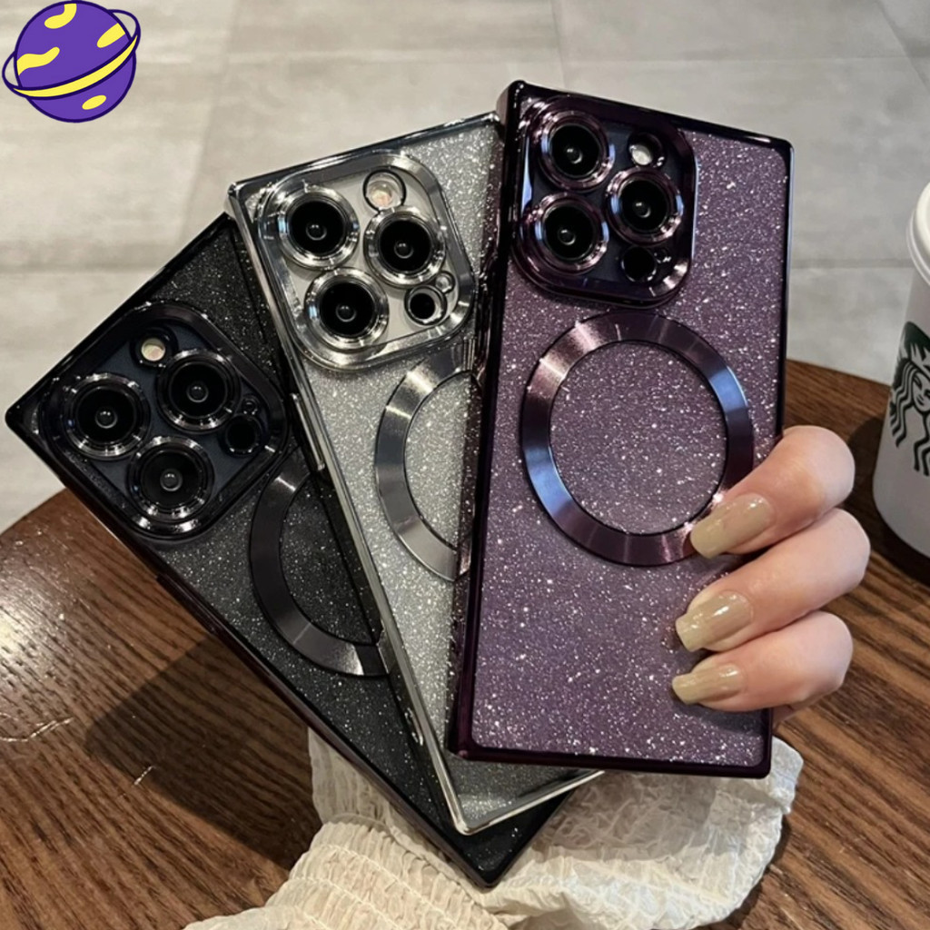 หรูหราglitterแม่เหล็กชาร์จไร้สายเคสโทรศัพท์สําหรับiphone 16 15 14 13 12 11 Pro Max 16 15 14 Plusโปร่งใสกันกระแทกฝาครอบElectroplated TPUปลอกนุ่ม