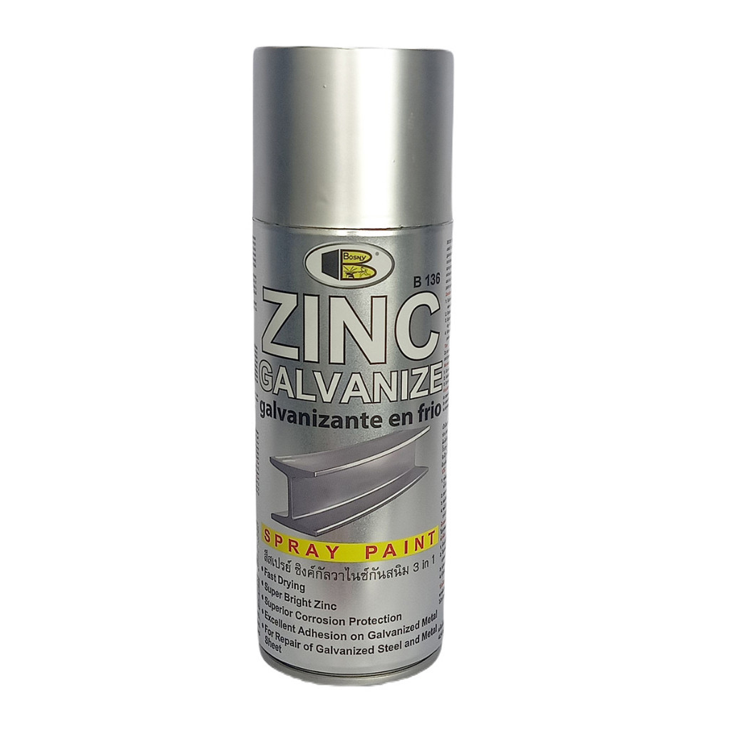สีสเปรย์ซิงค์กัลวาไนซ์ BOSNY ZINC GALVANIZE 3IN1 B136 เป็นสีtop coat สีเงินสว่าง OIL8448