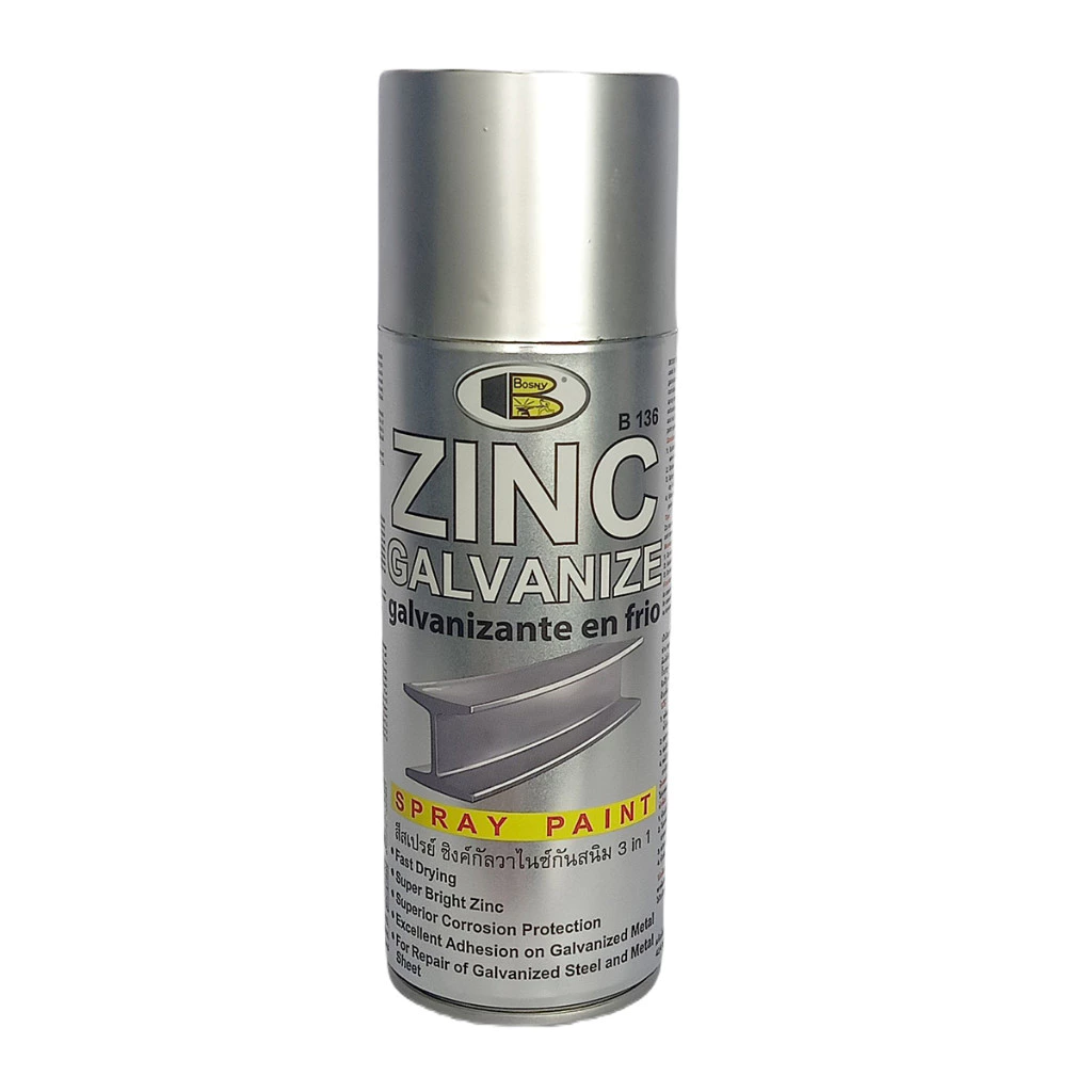 สีสเปรย์ซิงค์กัลวาไนซ์ BOSNY ZINC GALVANIZE 3IN1 B136 เป็นสีtop coat สีเงินสว่าง OIL8448