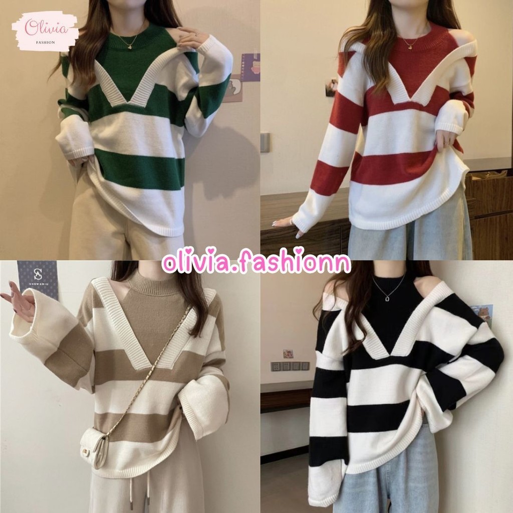 🍓Olivia🍓เสื้อแขนยาวไหมพรม คอกลม ลายทาง เว้าไหล่ สไตล์เกาหลี พร้อมส่ง #J21