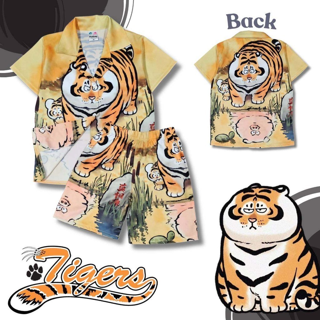 TG0918#4 ชุดเด็ก เซ็ตเสื้อฮาวาย+กางเกงขาสั้น ผ้าไหมอิตาลี ลายการ์ตูน เสืองอน เสืออ้วน เสื้อผ้าเด็ก ชุดเด็กแฟชั่น