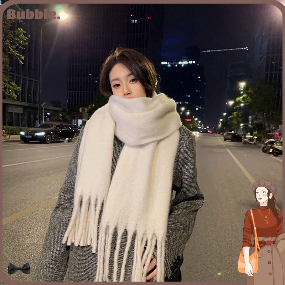 Bubble ผ้าคลุมไหล่ ผ้าพันคอ ผ้าแคชเมียร์ แบบหนานุ่ม ประดับพู่ยาว ให้ความอบอุ่น สีพื้น แฟชั่นฤดูหนาว สําหรับผู้หญิง