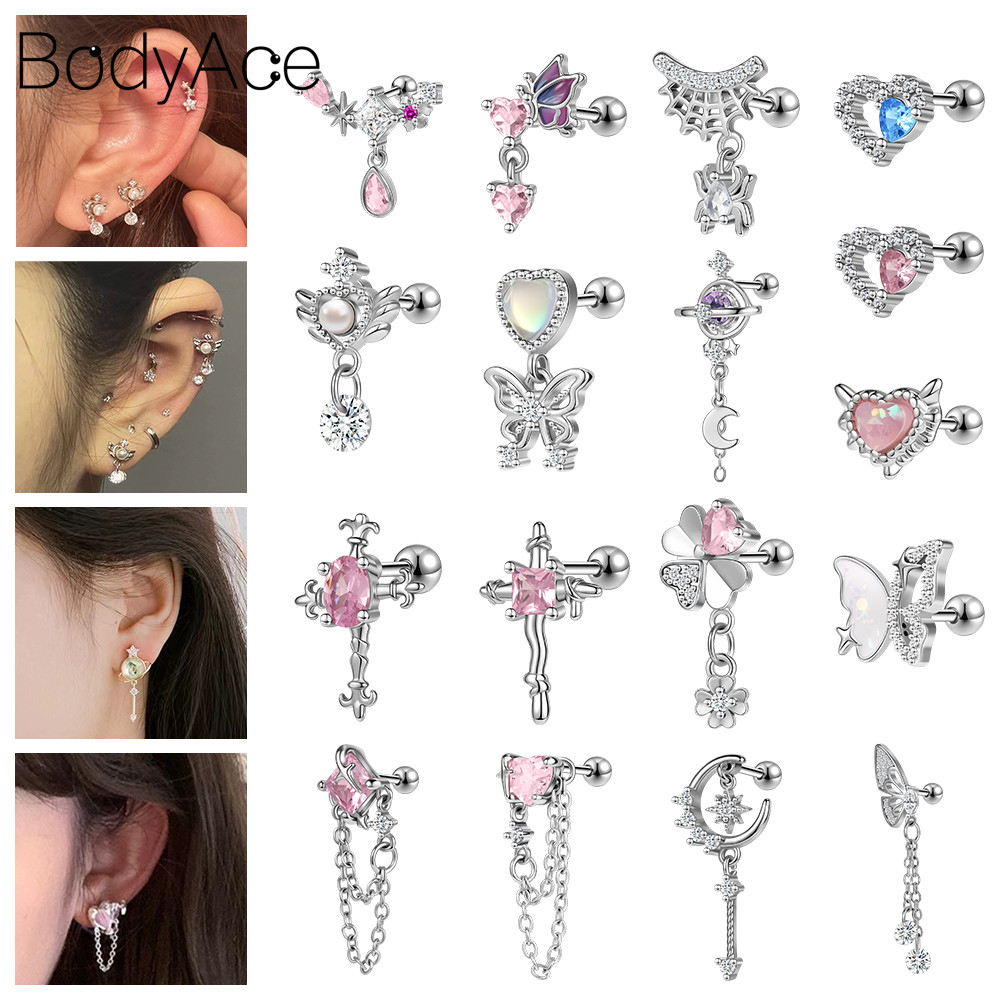 Bodyace ต่างหูสตั๊ด สเตนเลส รูปหัวใจ ดวงจันทร์ ผีเสื้อ ประดับคริสตัล สีเงิน 20 กรัม 1 ชิ้น