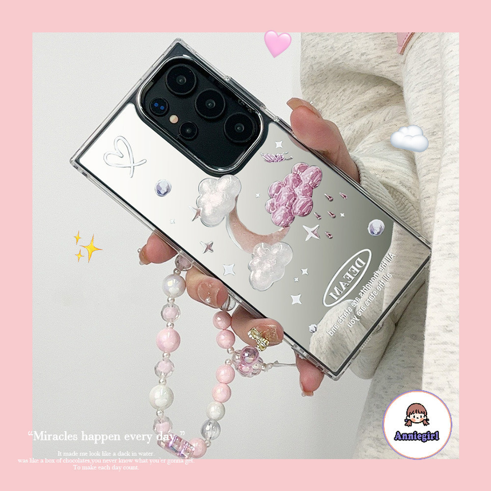 เคสโทรศัพท์มือถือ กันกระแทก ปิดด้านหลัง ลายก้อนเมฆ 3D พร้อมกระจก และสายคล้องมือ สําหรับ SAMSUNG S24 Ultra S24 Plus S23 S22 Ultra S21 S23 FE