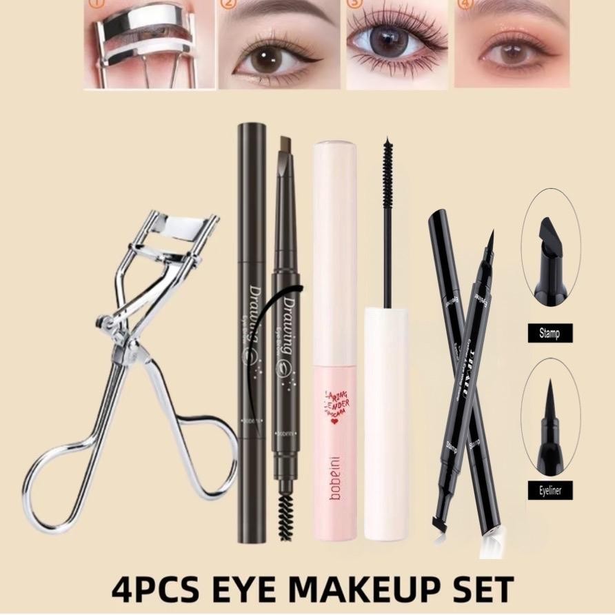 [เซตตา4ชิ้น] ดินสอเขียนคิ้วสีน้ำตาลเข้ม อายไลเนอร์ ที่ดัดขนตา มาสคาร่าสีดำ