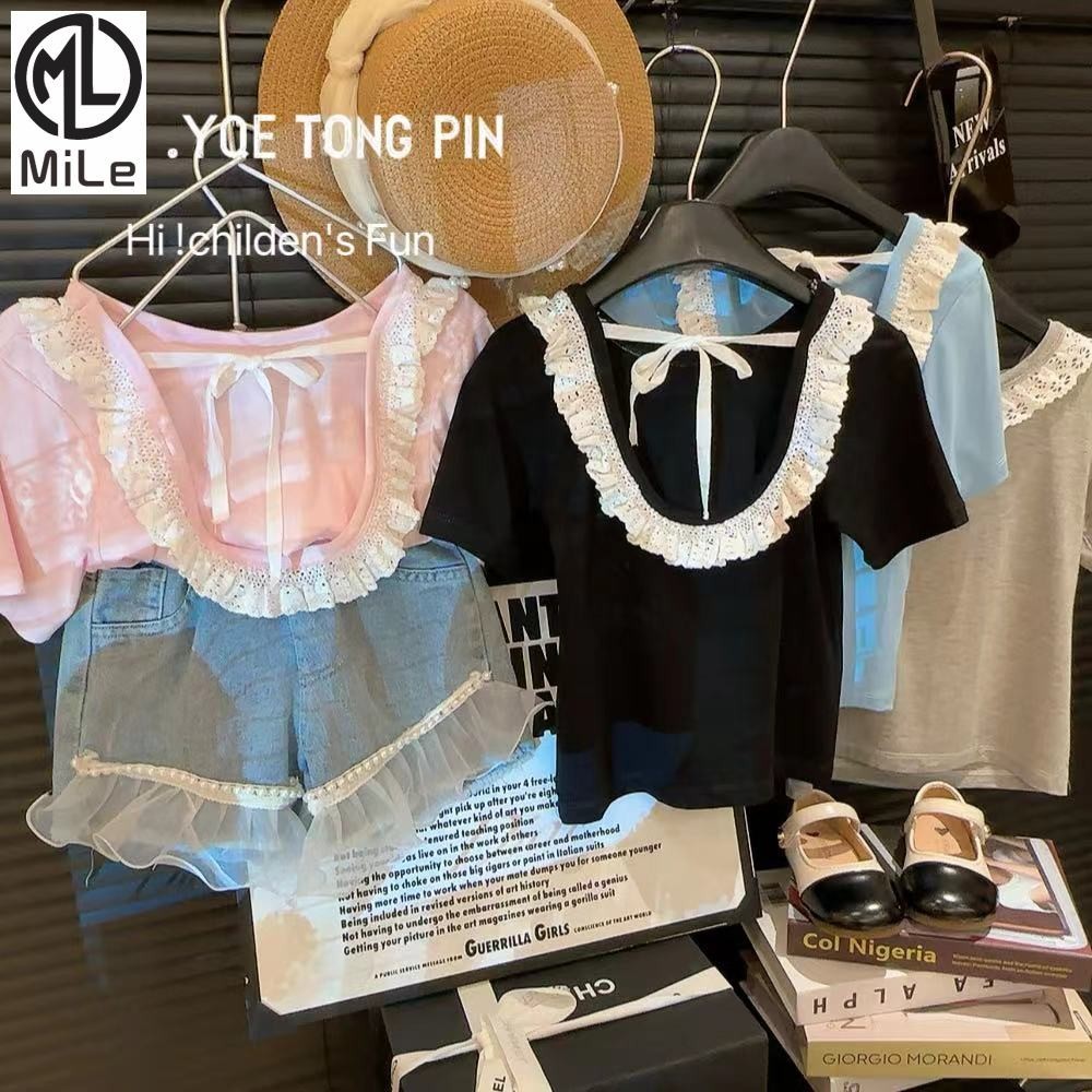 [ML] เสื้อยืดลําลอง แขนสั้น ปักลายลูกไม้ สไตล์เกาหลี แฟชั่นฤดูร้อน สําหรับเด็กผู้หญิง 80-150 ซม.