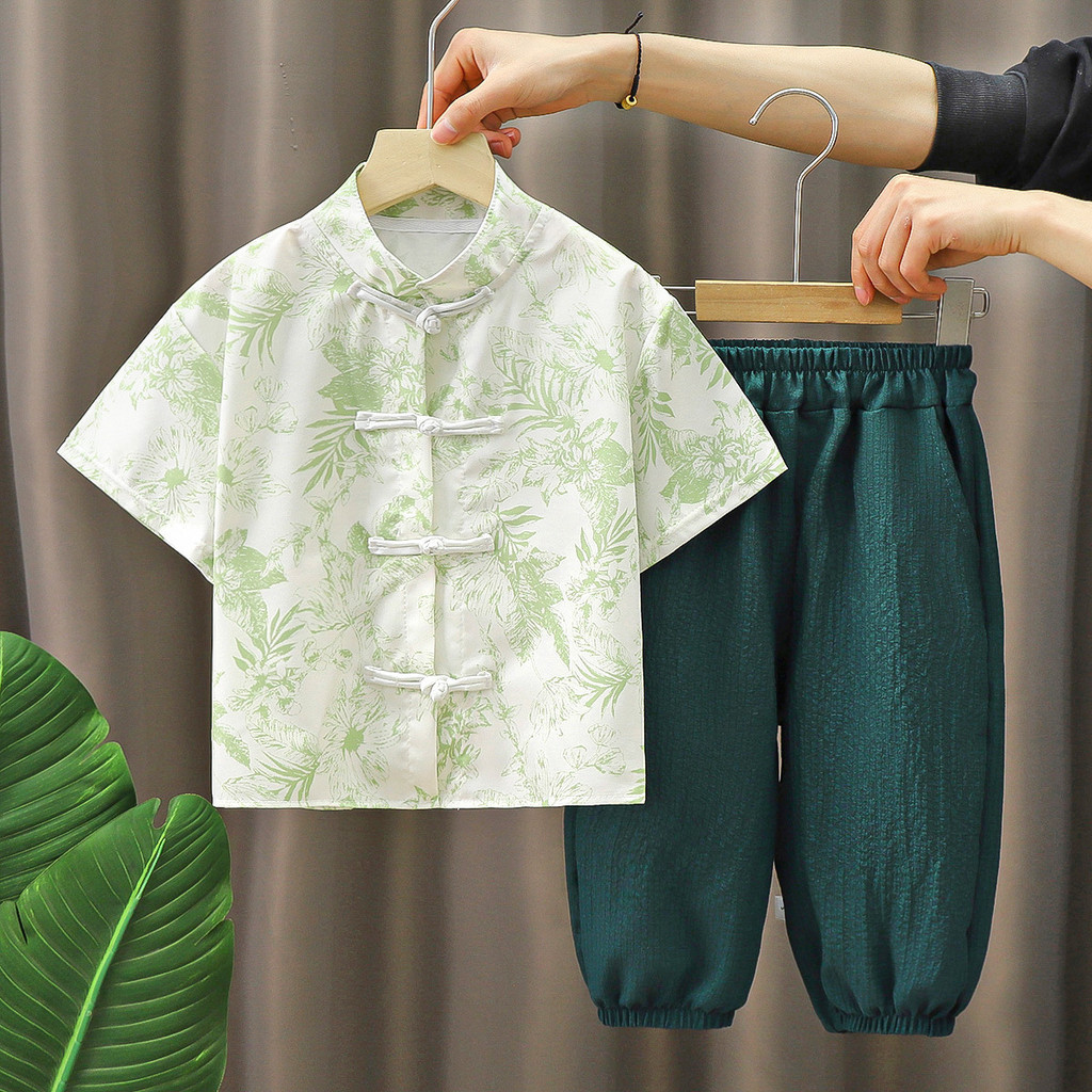 คลังสินค้าพร้อม 90-150 ซม.ฤดูร้อนชายแฟชั่น Cheongsam Neckline Hanfu ชุดเด็กเล็กกลางแขนสั้น Cropped กางเกงสไตล์จีนใหม่ปุ่ม Tang ชุด