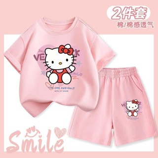 ชุดเซ็ต Hello Kitty สำหรับเด็กผู้หญิง ชุดแขนสั้นและกางเกงขาส…
