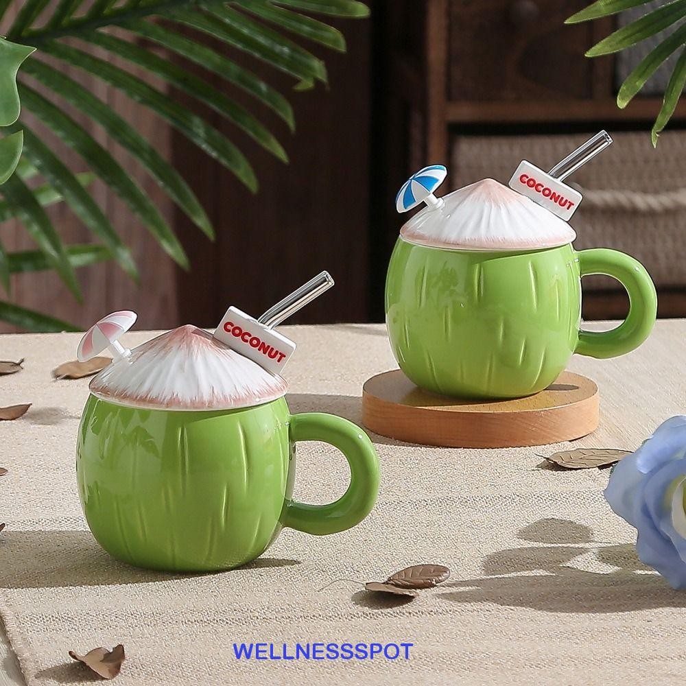 Wellnessspot ถ้วยกาแฟสร้างสรรค์พร้อมฝาปิด, จับสบายสะดวกเซรามิคมะพร้าวแก้ว, กันลื่นด้วยฟางแก้วความจุขนาดใหญ่น่ารักฤดูร้อน Drinkware บ้าน