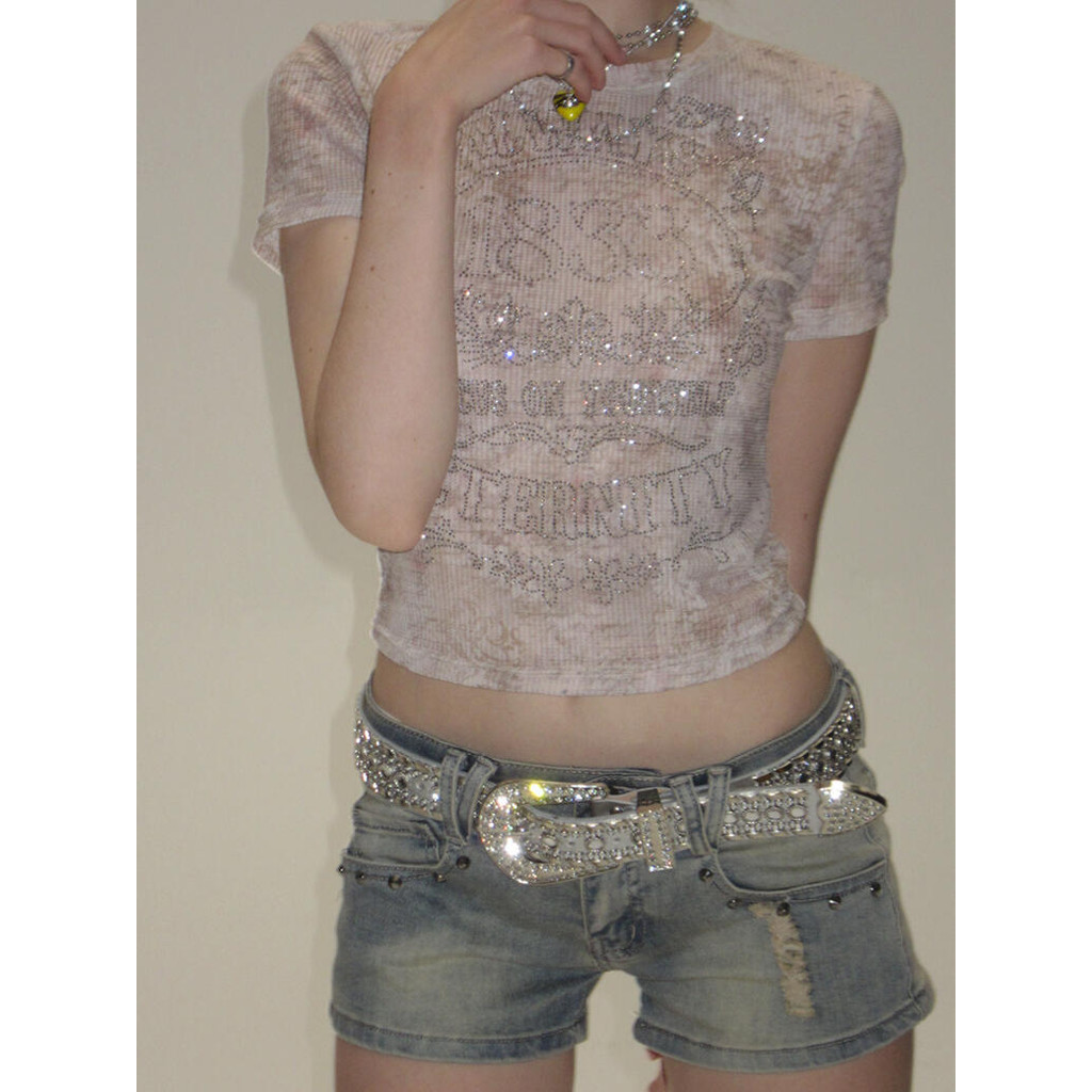 ขายร้อน! เสื้อยืดแขนสั้นผู้หญิง F&X ที่มีความโปร่งใสเล็กน้อย เซ็กซี่ เต็มไปด้วยคริสตัลและลายดอกไม้ 24 ฤดูร้อน เทรนด์ใหม่ คอกลม ดีไซน์ไม่ซ้ำใคร