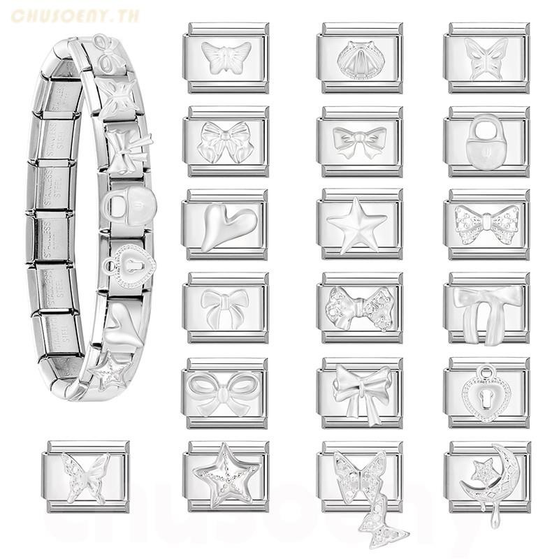 ใหม่แฟชั่น sliver Bow Charm อิตาลี Links Fit 9 มม.สร้อยข้อมือสแตนเลสเครื่องประดับ DIY ทํา