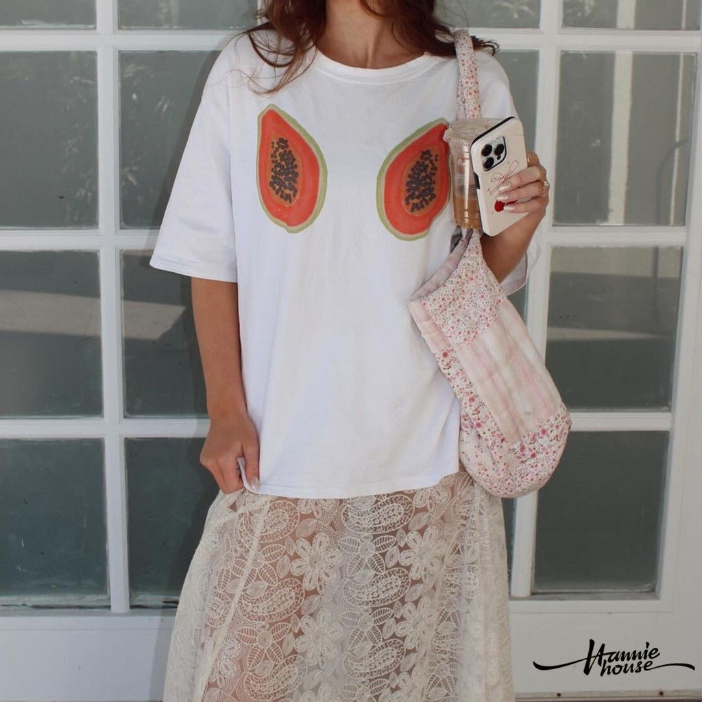 Hanie House- เสื้อยืดคอกลมแขนสั้นผู้หญิง Papaya Cherry Paw พิมพ์เสื้อยืดหลวมฤดูร้อน