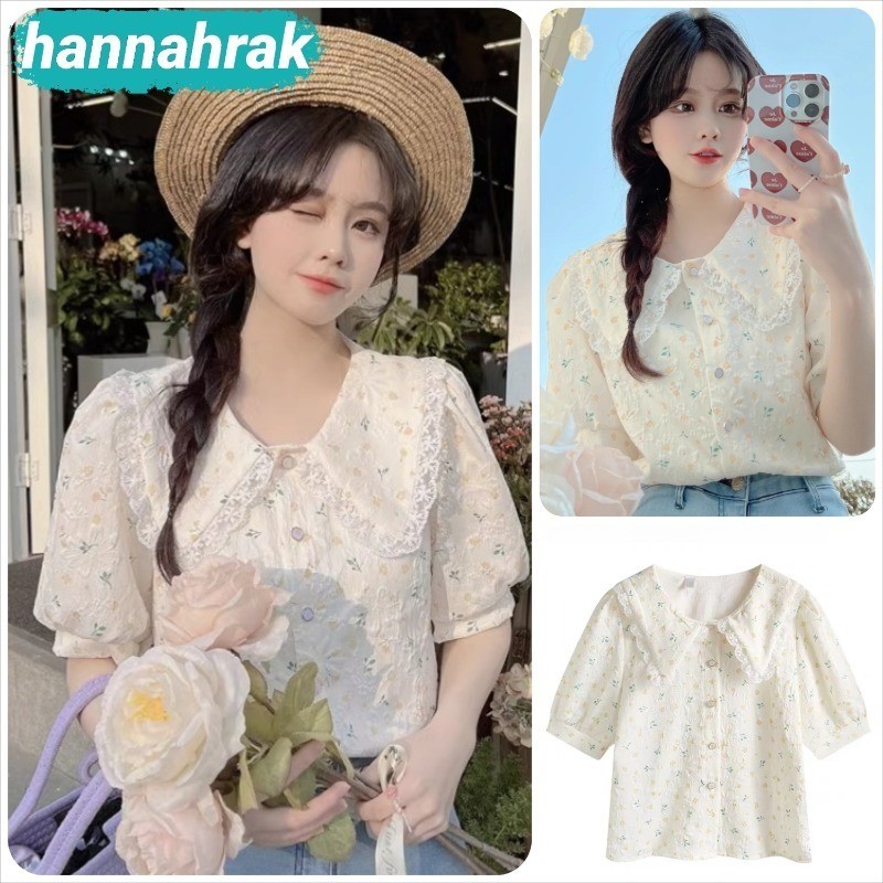(ส่งจากกรุงเทพฯ)เสื้อคอตุ๊กตา ดีไซน์น่ารักหวาน แขนพองลายดอกไม้ เสื้อแขนสั้นสีเหลือง สำหรับผู้หญิง