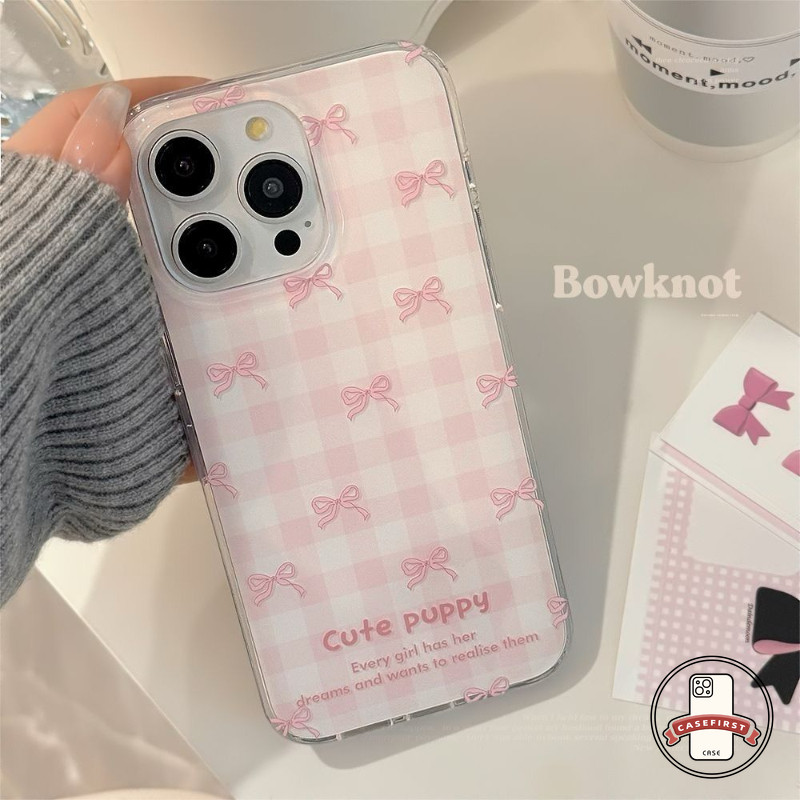 แฟชั่นสีชมพูลายหมากรุกน่ารักโบว์นุ่ม เคส Samsung A05s A03 A54 A14 A15 A34 A32 A50 A23 A52 A05 A24 A02s A13 A24 A03s A53