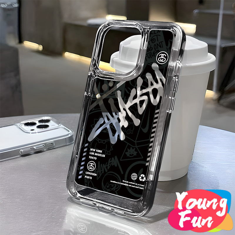 สําหรับ iPhone 15 Pro Max สตัสซีย์ รอยเส้นสีดำ แบรนด์แฟชั่น ถุงลมนิรภัย 14 13 12 11 Pro Max8 7 Plus X XR XS 6 6S Se 2020เคสโทรศัพท์มือถือแบบนิ่ม TPU ใส