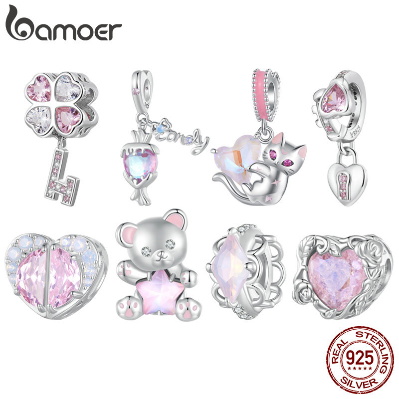 Bamoer สร้อยข้อมือ เงินแท้ 925 จี้รูปดาว หัวใจ สีชมพู เครื่องประดับ สําหรับผู้หญิง คู่รัก DIY