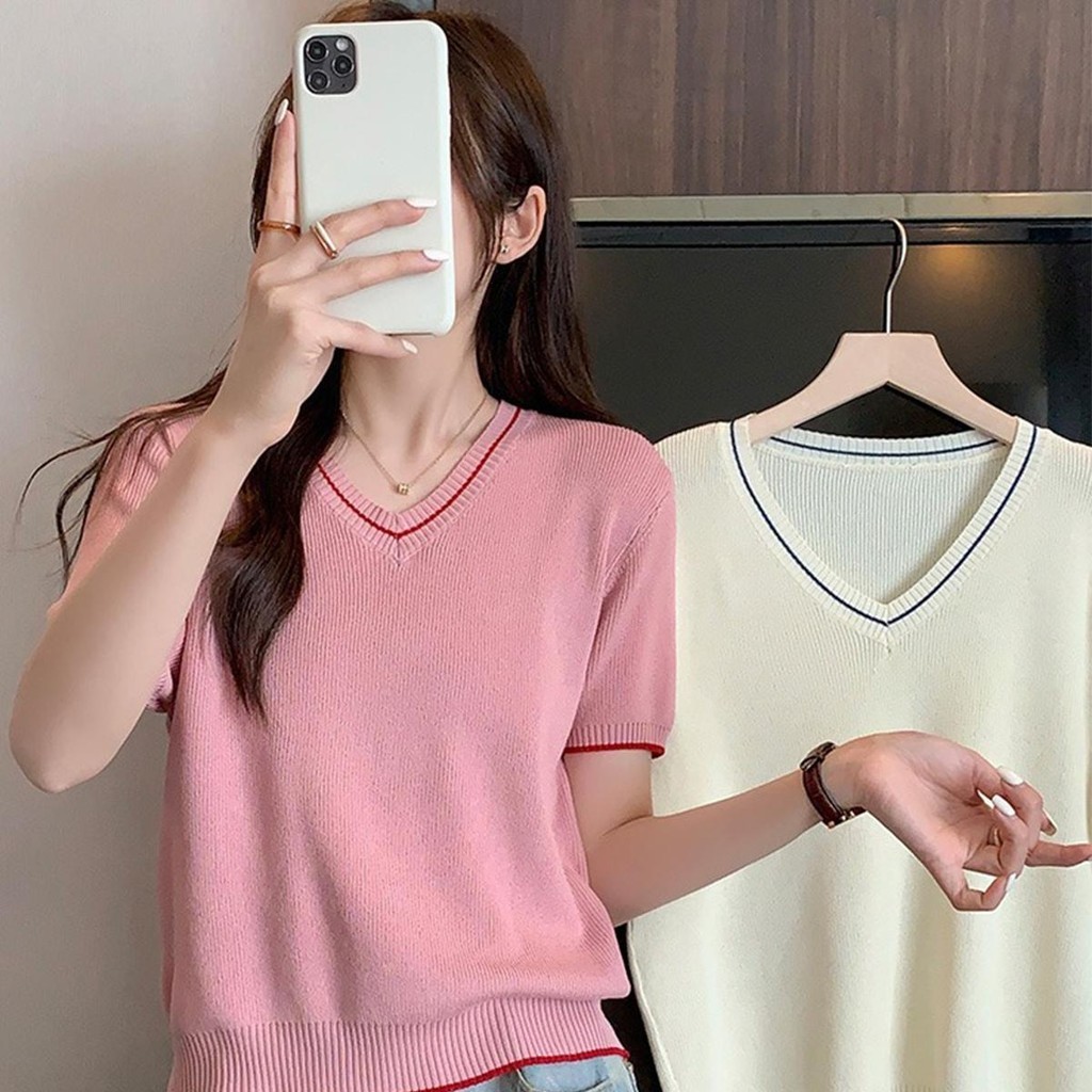 Anna 4908 เสื้อถักไหมพรมแขนสั้น สีพาสเทลน่ารักเกาหลีมาก คอวี เสื้อผ้าแฟชั่น สาวอวบ ผ้าบางใส่สบาย สีพาสเทลน่ารักมาก